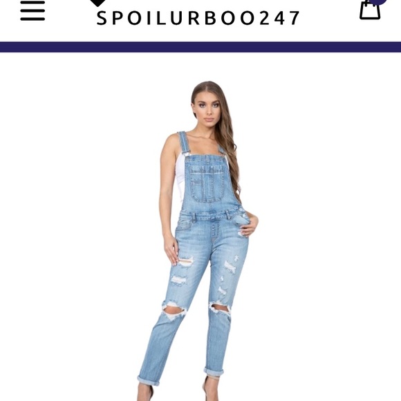 Pants - Ladies cut out knees washed denim overalls